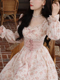 2024 Spring Pink Floral Elegant Dress Women Bandage Lace Print Sweet Vintage Dress Puff Sleeve Kawaii Dress Women Princess Fairy