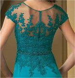 Zjkrl  -  holiday outfits A-Line Lace Floor-Length Mother Of The Bride Dress Elegant Plus Sizes Turquoise Appliques Chiffon Short Sleeve Ruffles Belt