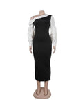 ZJKRL -  Women Sexy Spring Dresses with White Diagonal Collar Slim Fit Dress Long Sleeves Black Elegant Dress with Slit