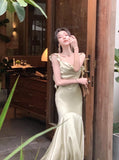 ZJKRL -  New Summer French Fashion Women Spaghetti Strap Elegant Long Mermaid Ruffles Dresses Evening Party Prom Clothes