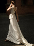 Zjkrl  -  Satin Mermaid Wedding Dresses Ivory Pleated Scoop Neck Spaghetti Strap Chapel Train For Beach Party Slim Long Bride Gowns