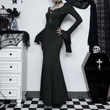 Zjkrl - Halloween Gothic Dark Party Dress Women Aesthetic Vintage Elegant Nightclub Long Sleeve High Waist Trumpet Dress Female
