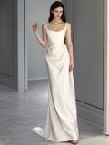 Zjkrl  -  Satin Mermaid Wedding Dresses Ivory Pleated Scoop Neck Spaghetti Strap Chapel Train For Beach Party Slim Long Bride Gowns