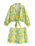 Zjkrl  -  Lemon Printed Cotton Linen Women's Summer Shorts Set Casual Bowknot Shirt Short Matching Set New Fruit Print Suit