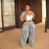 Zjkrl  -  Solid Loose Casual Denim 2 Piece Set Women Autumn Stand Collar Zipper Jacket High Waist Pocket Wide Leg Pants Hipster Streetwear