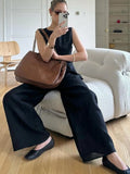 Zjkrl  -  Stripe Top Pant Sets Women Loose O-neck Sleeveless High Waist Lace Up Trousers Outfit Female Summer Fashion Lady Suit