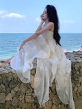 Summer Beige Elegant Embroidered Ruffle Edge Slip Dress Women Temperament Square Collar Backless Pleated Long Sundress Vestidos