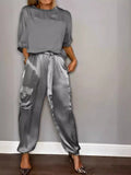ZJKRL -  Spring Summer Satin 2 Piece Set Women Casual Solid Color 2 Piece Outfit Half Sleeve Tops Loose Fit Pants Suit Two Piece Sets