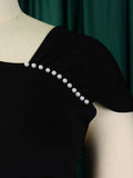 ZJKRL -  High Waisted Dress for Women Summer Short Sleeve Office Dresses for Ladies Solid Color Wear Elegant Long Dresses with Pearls