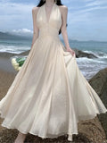 Zjkrl  -  Beach Holiday Dress Summer Sleeveless Halter Long Dresses Women Backless A-line V-neck Party Wedding Prom Robe Ropa Mujer