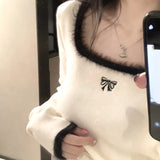 Zjkrl  - holiday outfits Winter Women Butterfly Embroidered T-shirts Square Neck  Long Sleeve Patchwork Y2K T-Shirts Autumn Women Casual Tees