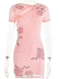 Tie Up Cut Out Mini Dress Women Fashion Summer Flowers Diamond Short Sleeve Bodycon Dresses Sexy Party Club Vestidos