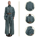 Zjkrl  -  Solid Loose Casual Denim 2 Piece Set Women Autumn Stand Collar Zipper Jacket High Waist Pocket Wide Leg Pants Hipster Streetwear