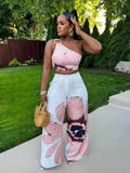 ZJKRL -  2 Piece Sets Women Outfit Casual Elegant Summer One Shoulder Tank and Long Pant Ladies Suits Sexy