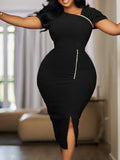 ZJKRL -  High Waisted Dress for Women Summer Short Sleeve Office Dresses for Ladies Solid Color Wear Elegant Long Dresses with Pearls