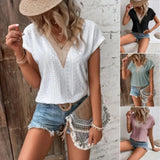 Zjkrl  -  holiday outfits Women's Tees Casual Tops Summer Cotton Material  Female Solid Hollow V-neck Short Sleeve T-shirt S-XXXL