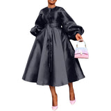 ZJKRL -  Elegant Satin Lantern Sleeve Party Maxi Dress Women Solid Button Down Shirt Evening Wedding Long Dress Women