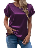 Zjkrl  -  holiday outfits Elegant Women's Blouse Solid Tees Summer Lady Short Sleeve Satin Shirt Loose Casual Round Neck T-shirt Tops S-XXL