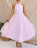 ZJKRL -  Elegant Pleated Mesh Maxi Wedding Dress Women Solid Halter High Waist Sleeveless Party Cocktail Bridesmaid Long Dresses