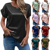 Zjkrl  -  holiday outfits Elegant Women's Blouse Solid Tees Summer Lady Short Sleeve Satin Shirt Loose Casual Round Neck T-shirt Tops S-XXL