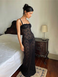 Sexy Lace See Through Split Women Long Dress Female Slash Neck Spaghetti Straps Slim Fit Dresses Summer Fashion Elegant Vestidos