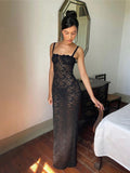Sexy Lace See Through Split Women Long Dress Female Slash Neck Spaghetti Straps Slim Fit Dresses Summer Fashion Elegant Vestidos