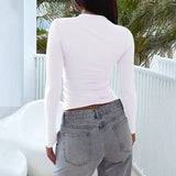 Zjkrl  -  New Women T-shirt Autumn Sexy Low Chest Solid Elegant T-shirt Streetwear Fashion Long Sleeves Casual Slim Versatile Female Tees