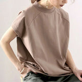 Zjkrl  -  Summer New T Shirt Women Half High Collar Short Sleeve Loose Pullover Tee Japanese Simple Solid All-match Casual Tops