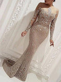 Zjkrl - Y2K Women's Sequined Train Dress Solid Color Strapless Embroidery Long Sleeve Office Lady Female Elegant Dresses 2023 Summer