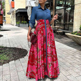 ZJKRL -  Autumn Printed Button Down Shirt Maxi Dress Women Denim Patchwork Long Sleeve Ruched Party Evening Work Long Dresses