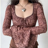 Zjkrl  -  Paisley Flare Sleeve T-shirts Women Vintage Slim Elegant Spring Autumn Literary Sexy Designer Lace-up Gentle Crop Tops Maillard