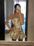 ZJKRL -  Puss Flower Print 2-Piece Set Women Y2K Single-Breasted Metal Buckle Wrap Top+Lace Folds Hem Skirt Sweet Matching Suits