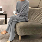 Zjkrl  -  holiday outfits Lady Home Suit Autumn Fashion Soft Casual O-Neck Pullover Tops+Knitted Pant New Homewear Pajama Winter Solid Women Two Piece Set
