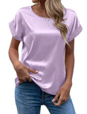 Zjkrl  -  holiday outfits Elegant Women's Blouse Solid Tees Summer Lady Short Sleeve Satin Shirt Loose Casual Round Neck T-shirt Tops S-XXL