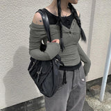 Zjkrl  -  2000s Fake Two Pieces T-Shirts Y2k Autumn Long Sleeves T Shirt Women Patchwork Cut Shoulder Out Tees Harajuku Crop Top