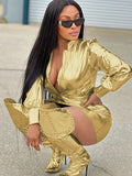 Zjkrl - Hot Womens Shiny Golden Metallic Pleated Mini Dress New Autumn Long Sleeve Evening Party Club Clothes Festival Outfits