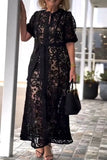 ZJKRL -  Elegant Lace Maxi Dress Women Solid Hollow Out Button Down Shirt Lace Party Evening Long Dress Women