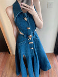 Zjkrl  -  Sleeveless Denim Dress For Women Metal Buckle Fashion Lapel Hollow Out Waist Slit A-line Vestido Robe Summer New Tide XX141