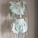 Zjkrl  -  New Summer Sunday Set elastic waistband Cropped top with ruffle detail and cute ruffle mini shorts skirts
