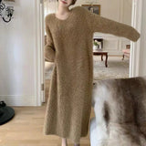 Zjkrl  -  holiday outfits Women's Sexy Knit V-neck Dress Autumn Winter Full Sleeve Elastic Casual Versatile Fluffy Faux Fur Over Knee Warm Sweater Dress