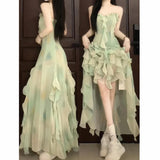 ZJKRL -  Mint Mambo Vacation Style Green Suspenders Dress Female Summer Ruffles Cinched Slimming Long Skirt