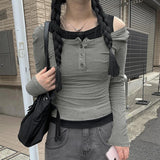 Zjkrl  -  2000s Fake Two Pieces T-Shirts Y2k Autumn Long Sleeves T Shirt Women Patchwork Cut Shoulder Out Tees Harajuku Crop Top