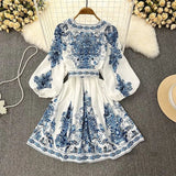 Women Bohemian Dress 2023 Spring Summer Print Long Lantern Sleeve V Neck Corset Slim Button Pleated Dress Women Vacation Dress