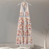 Zjkrl  -  Beach Print Halter Dress Women Summer Fluffy Sleevelss Backless Princess Dress Female Fashion Holiday Lady Long Robe