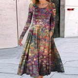 Vintage Fashion Pattern Print Boho Long Dress Women O Neck Patchwork A-Line Office Dress Spring Autumn Long Sleeve Party Dresses