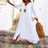 Zjkrl - Bohemian Solid V-Neck Loose Dress Spring Autumn Women's Fashion Slim Single breasted Long Sleeve Cotton Hemp Ruffle Dresses
