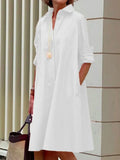 ZJKRL -  Solid Color Shirt Dress for Women Cotton-blended Long Sleeves Midi Dress 2025 Buttoned Loose Fit Commuter Outerfits
