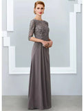 Zjkrl  -  A-line Gray Mother of the Bride Dress Elegant Jewel Neck Floor Length Chiffon Half Sleeves Appliques Lace Wedding Party Gowns