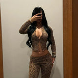 Zjkrl  -  Autumn Knitted Leopard Slim Casual 2 Piece Set Women Single Breasted Long Sleeve Crop Top Low Waist Skinny Pants Streetwear
