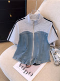 Zjkrl  -  holiday outfits Summer New Stitched Zipper T-shirt Top Female Set Elegant Women's Jeans Casual Blouse Two Piece Set Ladies Tracksuits
